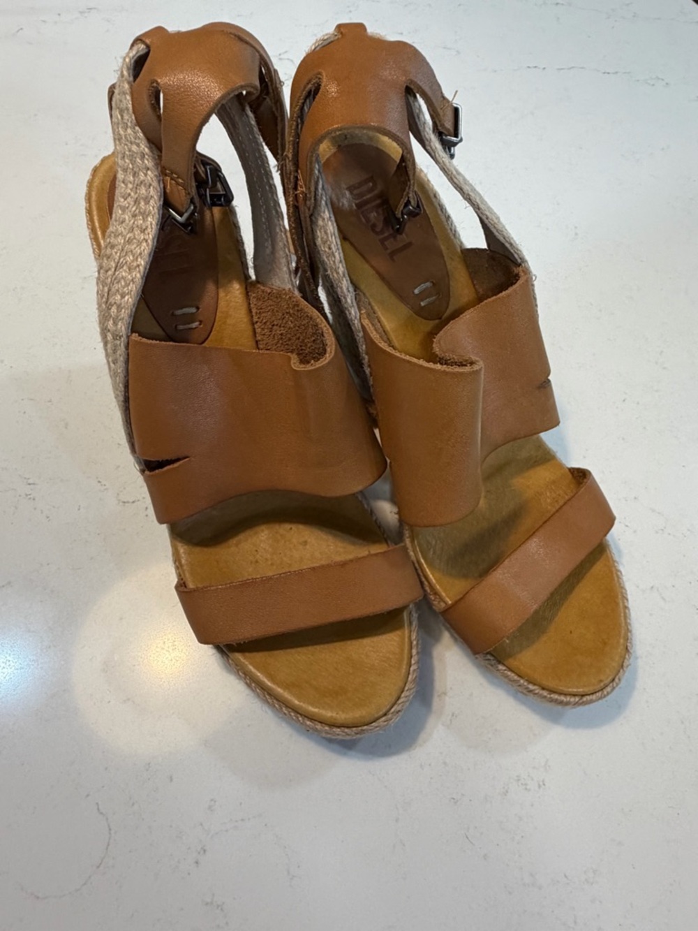 Diesel Brown Leather Wedge Sandals with Woven Back Strap